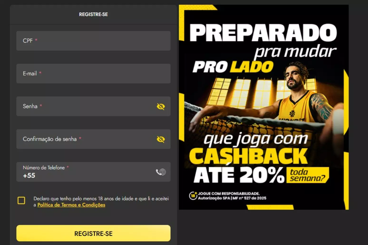 Tela de cadastro e login da Luck Bet